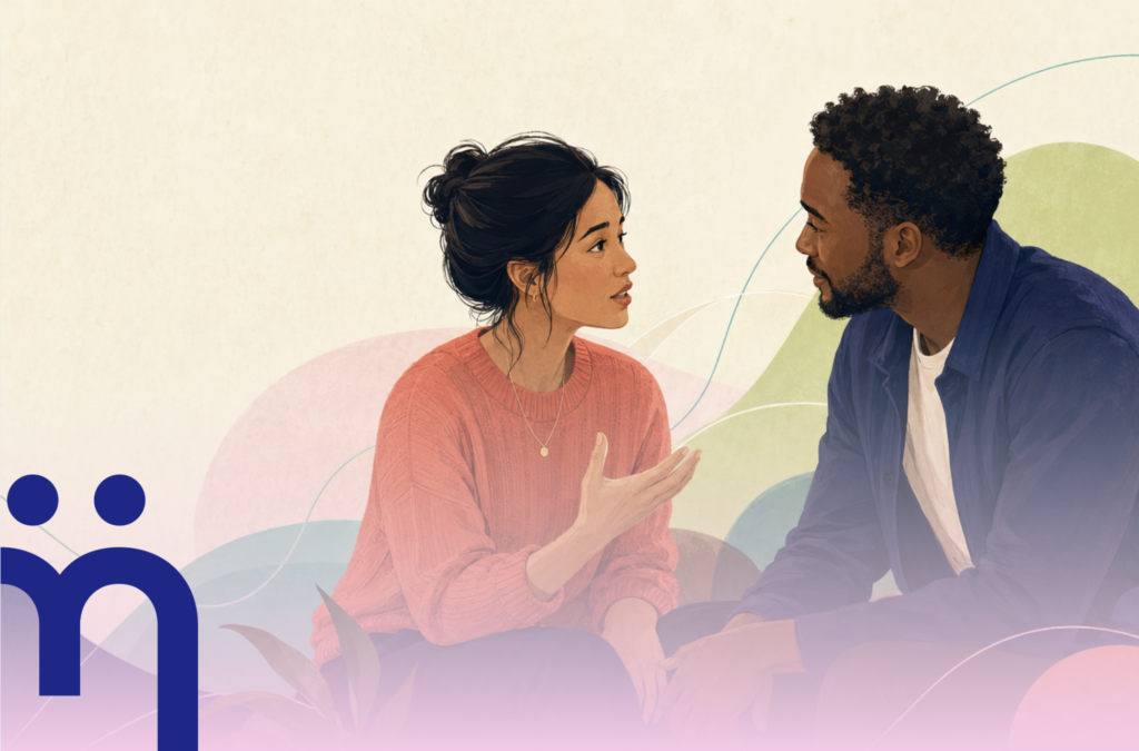 Illustration of a woman and man in an open, attentive conversation, reflecting eNayble's approach to navigating complex conversations.